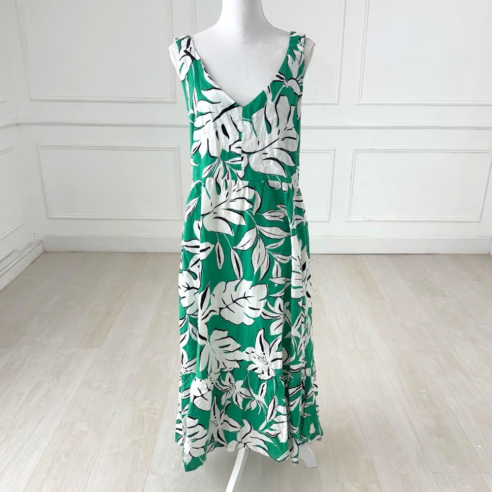 EVERY Tropical Leaf Maxi Dress Women XL Green White Linen Blend Criss Cross Back